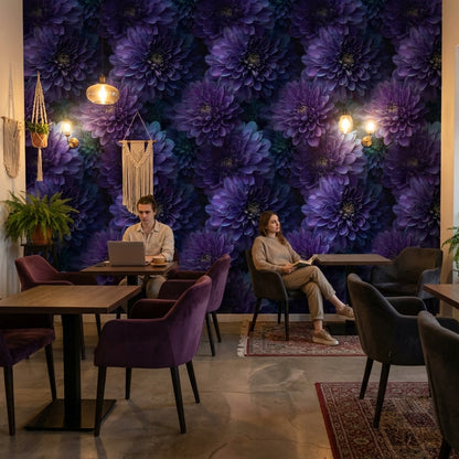 Deep Plum Purple Dahlia Floral Wallpaper
