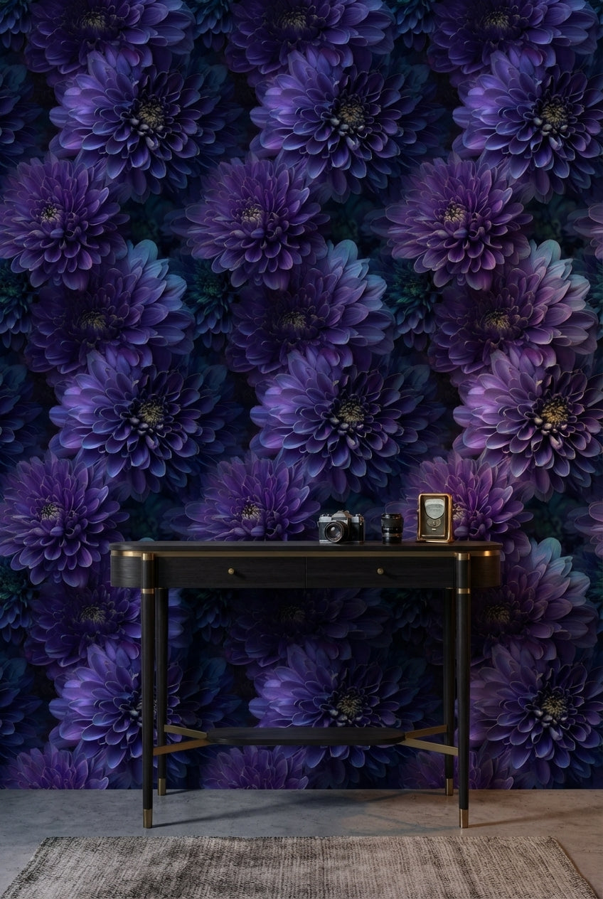 Deep Plum Purple Dahlia Floral Wallpaper