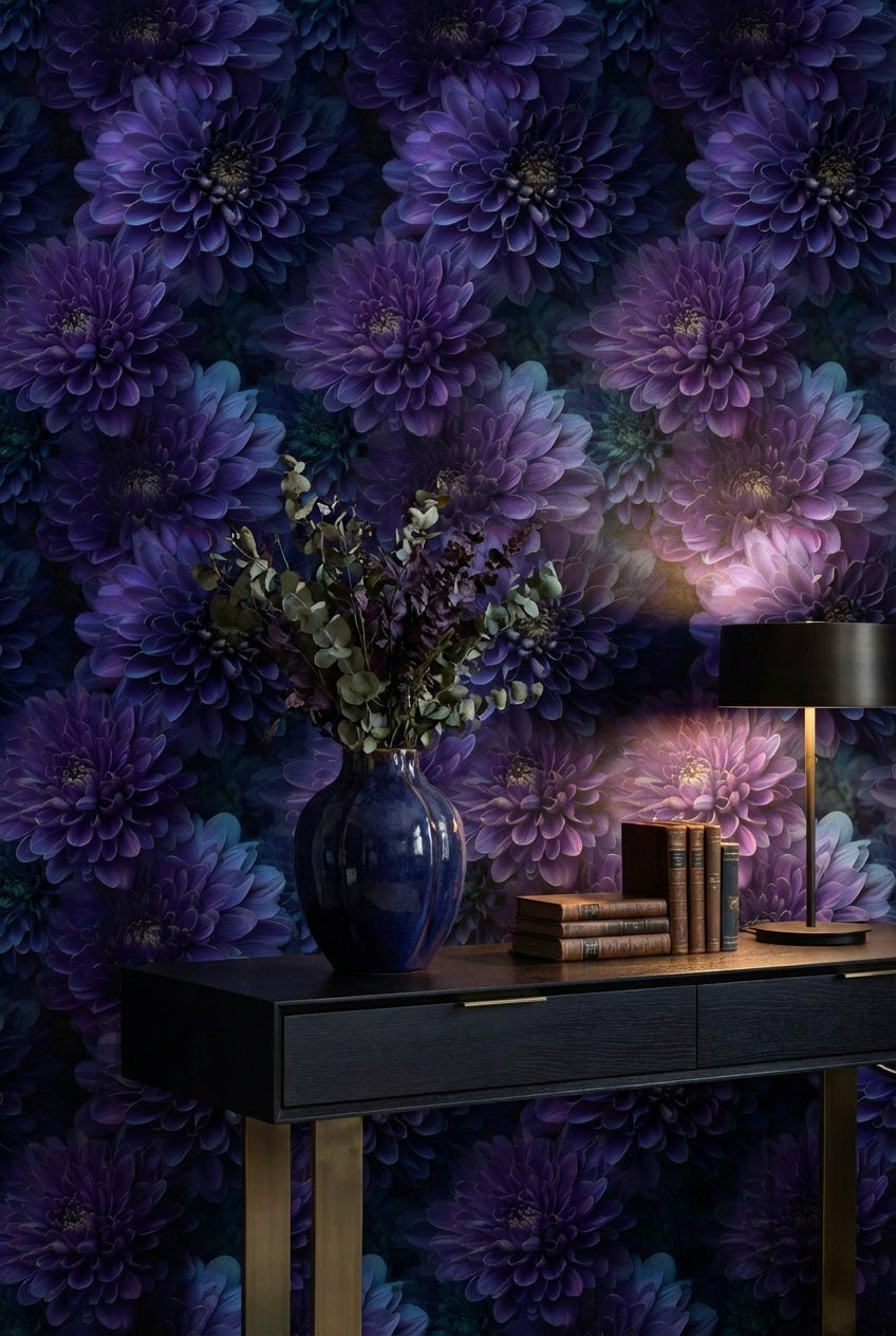 Deep Plum Purple Dahlia Floral Wallpaper