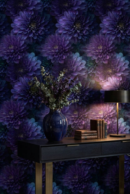 Deep Plum Purple Dahlia Floral Wallpaper