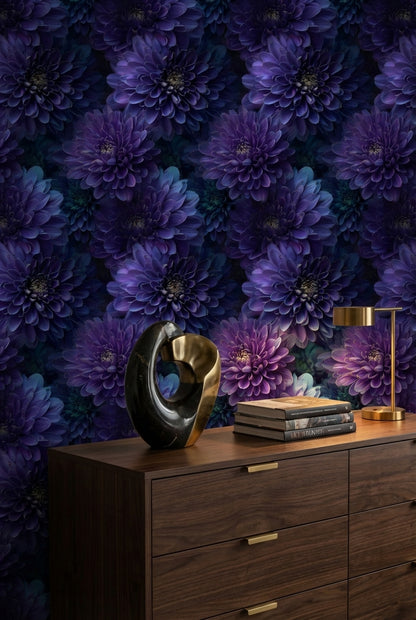 Deep Plum Purple Dahlia Floral Wallpaper