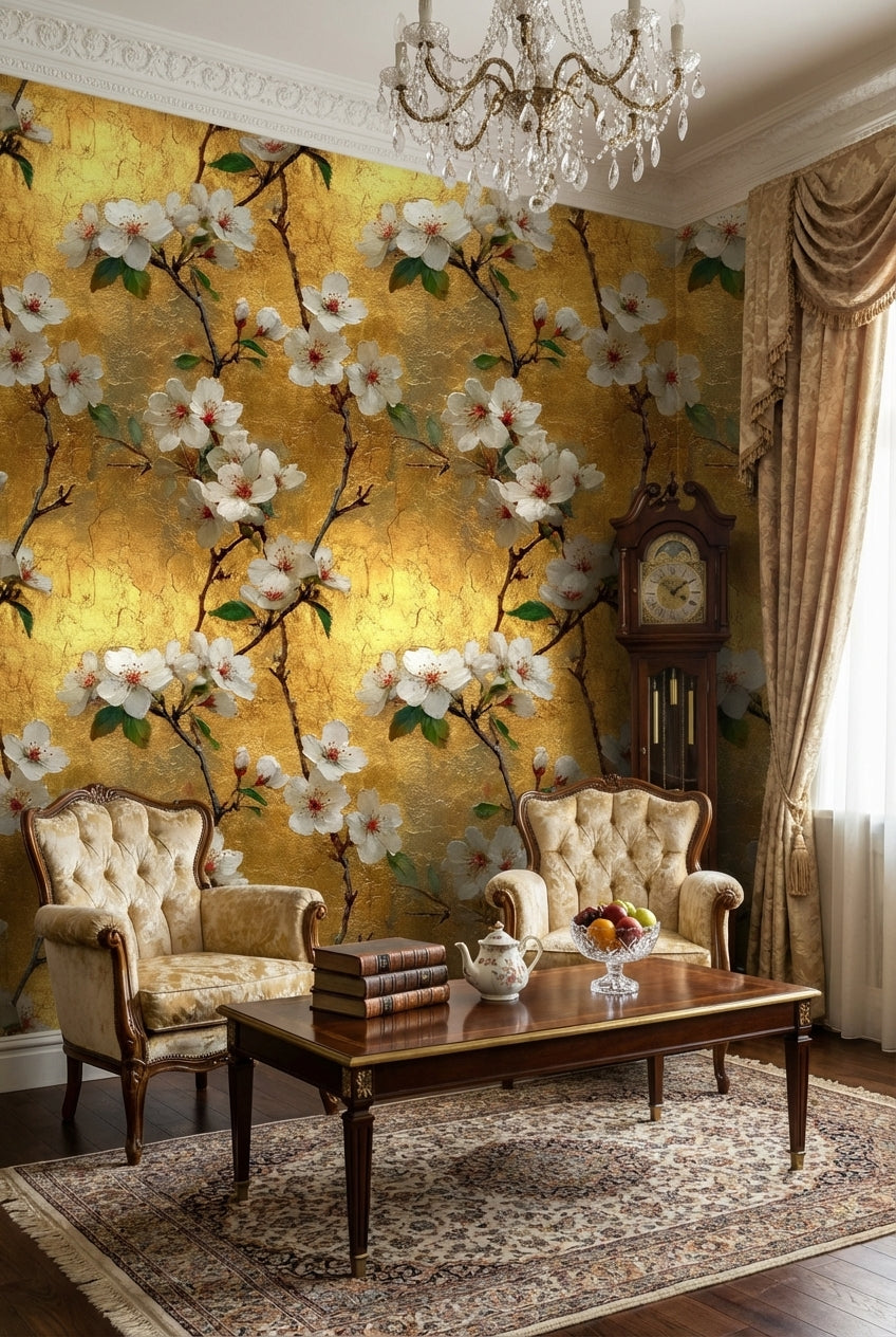 Golden Look Cherry Blossom Floral Wallpaper