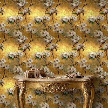Golden Look Cherry Blossom Floral Wallpaper