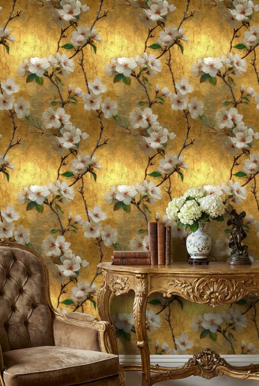 Golden Look Cherry Blossom Floral Wallpaper