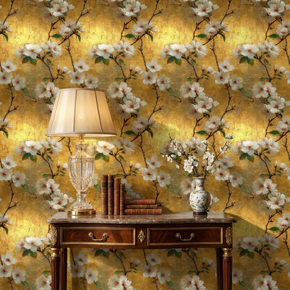 Golden Look Cherry Blossom Floral Wallpaper
