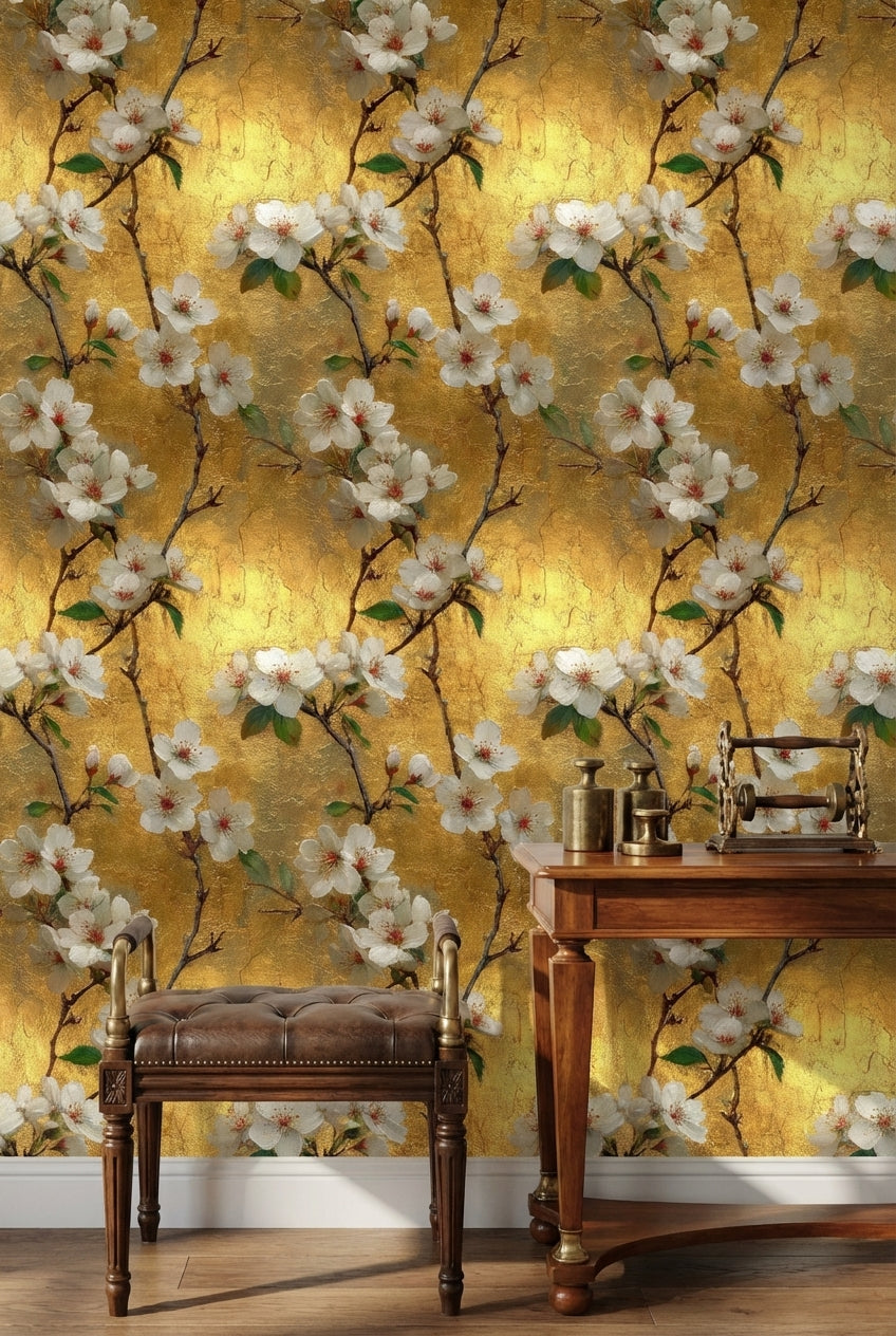 Golden Look Cherry Blossom Floral Wallpaper