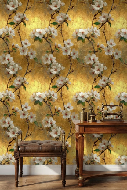 Golden Look Cherry Blossom Floral Wallpaper