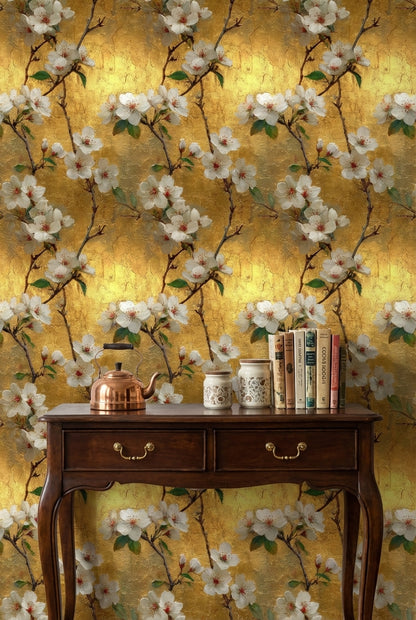 Golden Look Cherry Blossom Floral Wallpaper