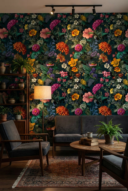 Dark Multicolor Garden Elegance Floral Wallpaper