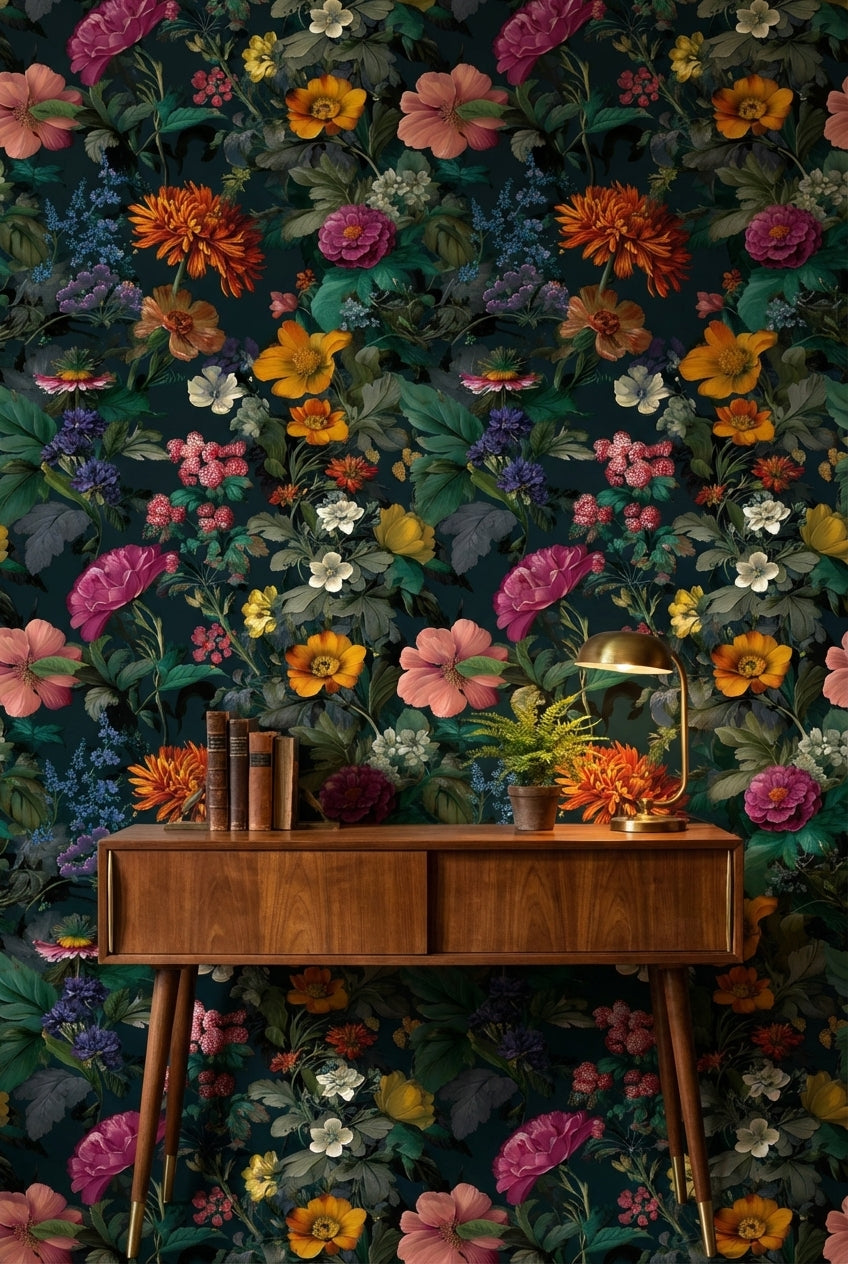 Dark Multicolor Garden Elegance Floral Wallpaper