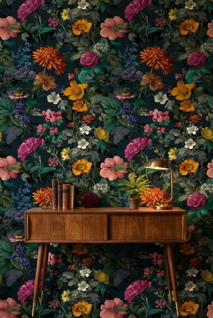 Dark Multicolor Garden Elegance Floral Wallpaper