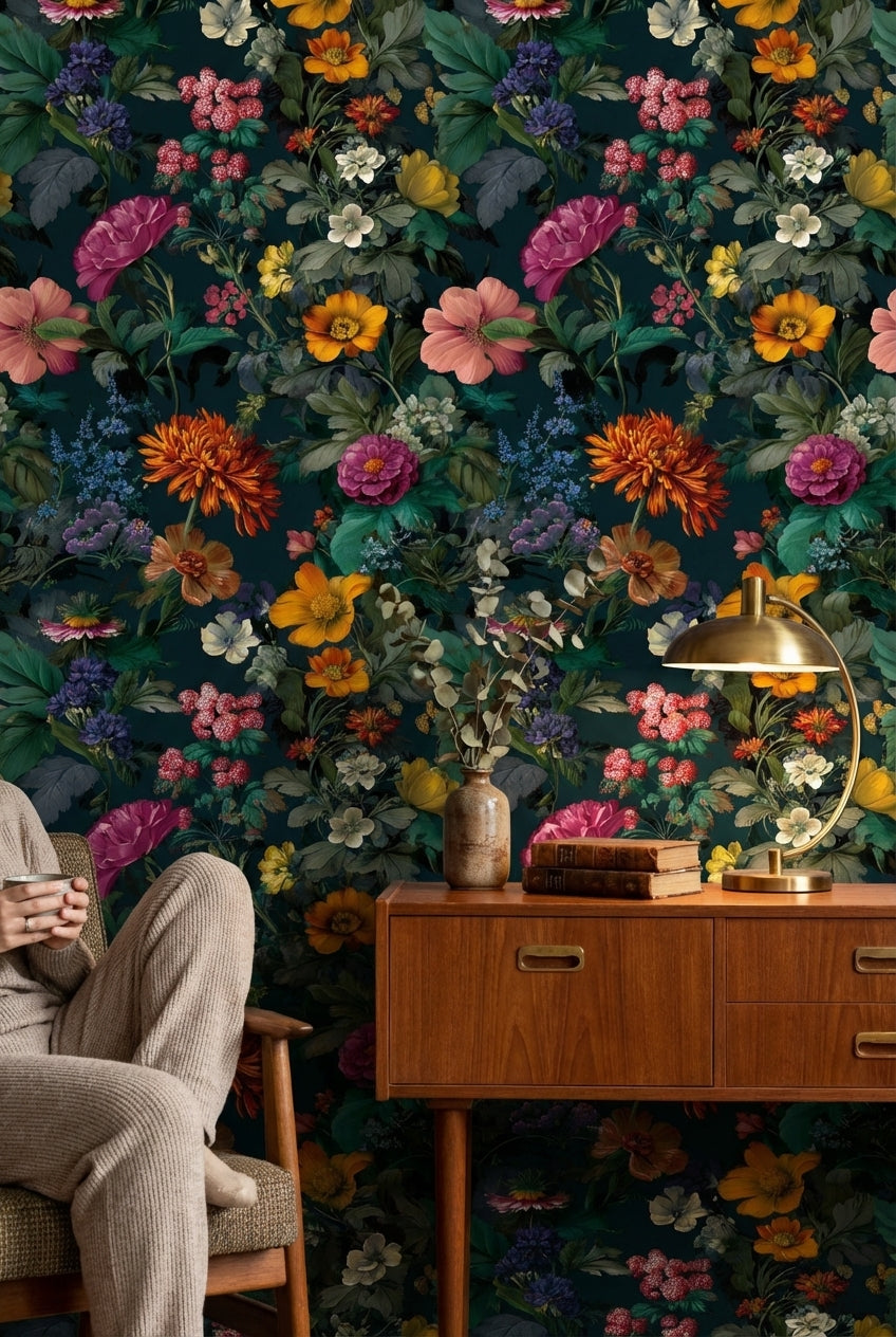 Dark Multicolor Garden Elegance Floral Wallpaper