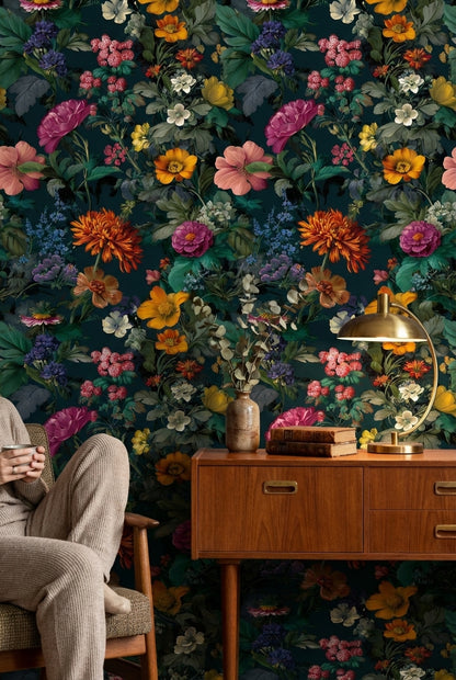 Dark Multicolor Garden Elegance Floral Wallpaper