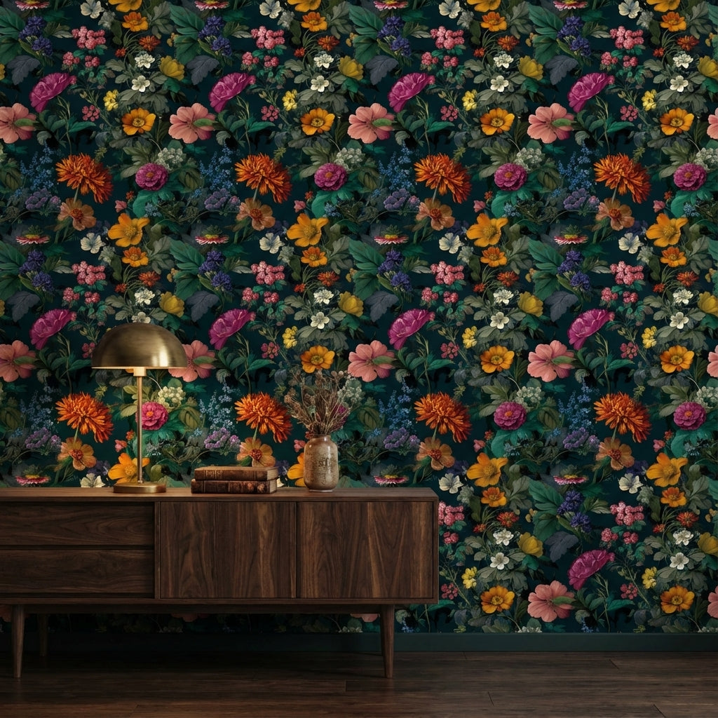 Dark Multicolor Garden Elegance Floral Wallpaper