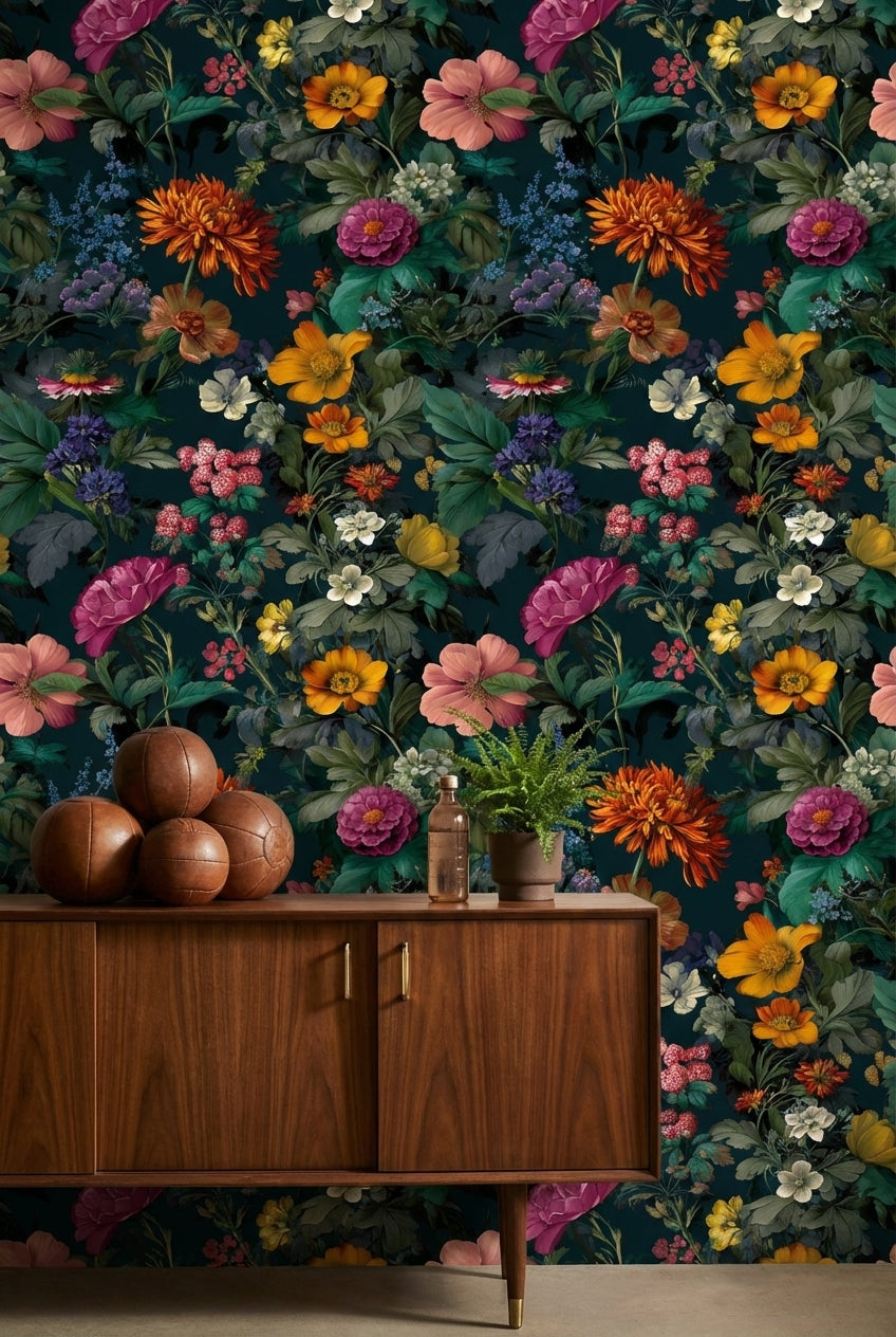 Dark Multicolor Garden Elegance Floral Wallpaper