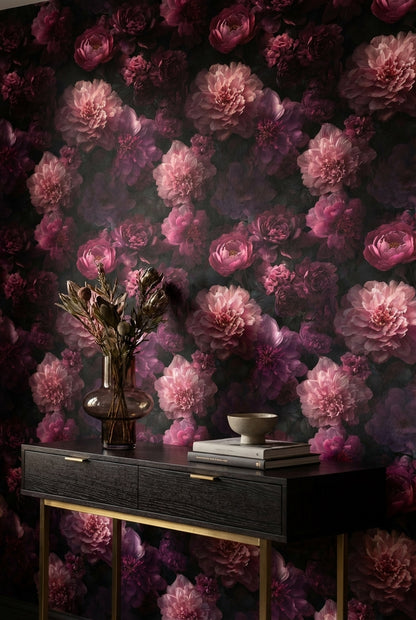 Dark Elegance Pink Peony Floral Wallpaper