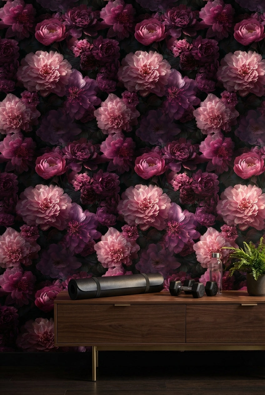 Dark Elegance Pink Peony Floral Wallpaper