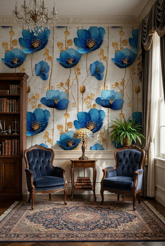 Cream and Sapphire Blue Large Floral Wallpaper