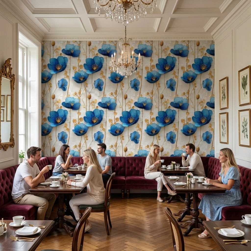 Cream and Sapphire Blue Large Floral Wallpaper