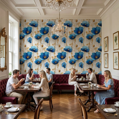 Cream and Sapphire Blue Large Floral Wallpaper