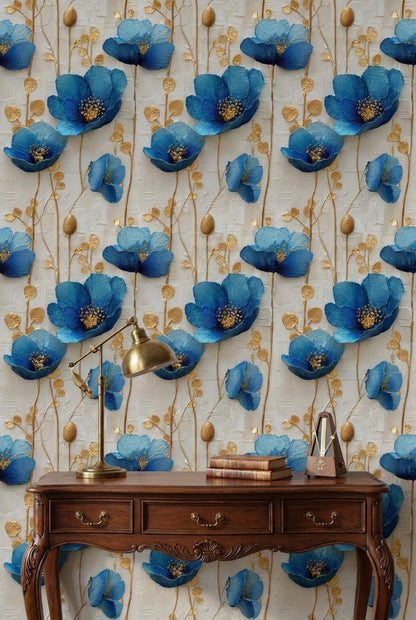 Cream and Sapphire Blue Large Floral Wallpaper