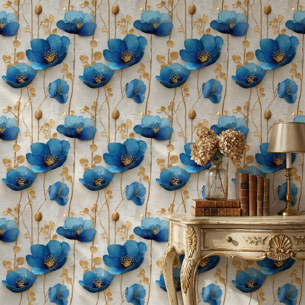 Cream and Sapphire Blue Large Floral Wallpaper