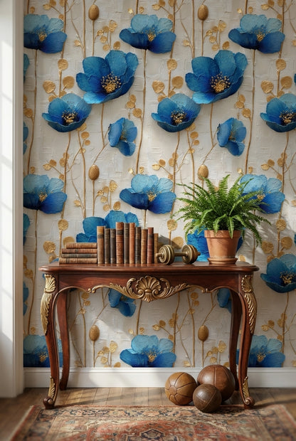 Cream and Sapphire Blue Large Floral Wallpaper