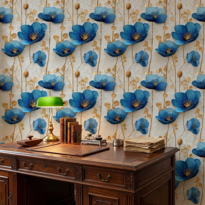 Cream and Sapphire Blue Large Floral Wallpaper