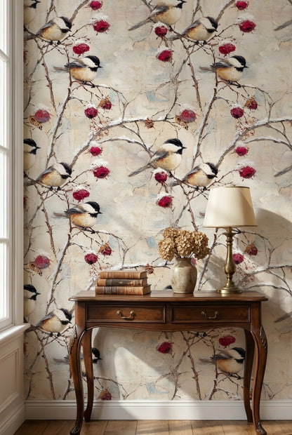 Vintage Cream Bird and Floral Wallpaper