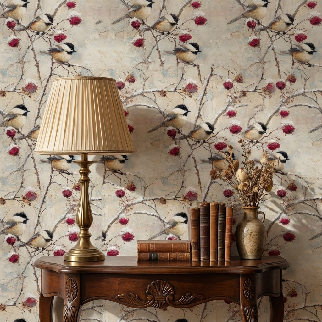 Vintage Cream Bird and Floral Wallpaper