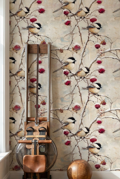 Vintage Cream Bird and Floral Wallpaper
