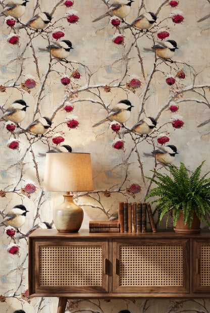 Vintage Cream Bird and Floral Wallpaper