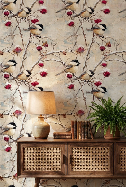 Vintage Cream Bird and Floral Wallpaper