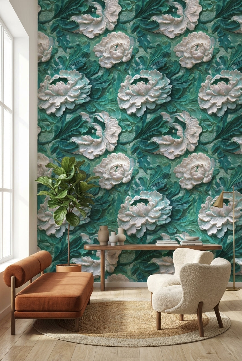 Teal and White Large Floral Wallpaper