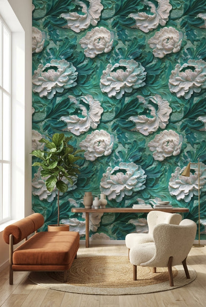 Teal and White Large Floral Wallpaper