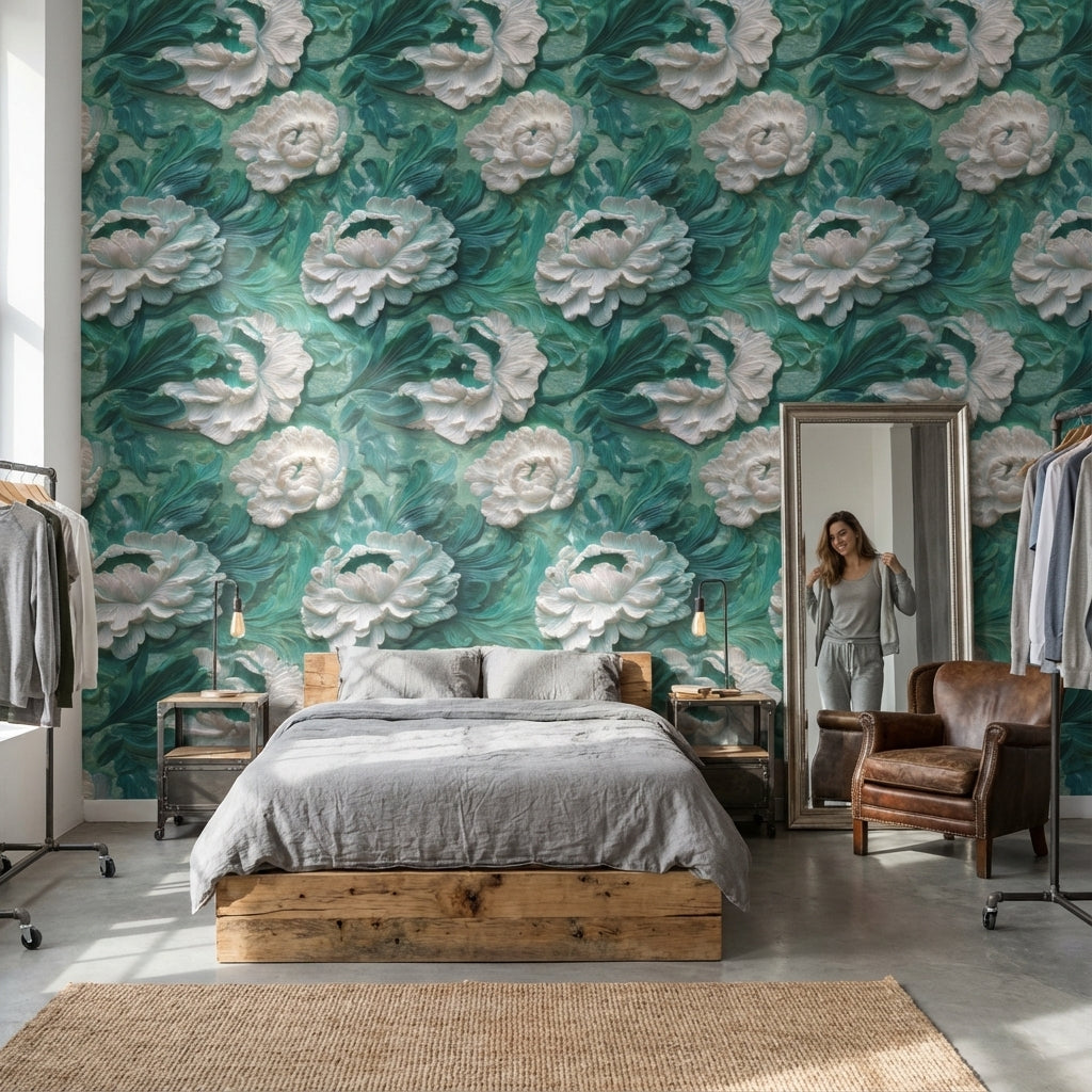 Teal and White Large Floral Wallpaper