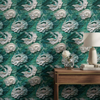 Teal and White Large Floral Wallpaper