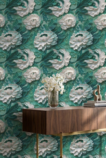 Teal and White Large Floral Wallpaper