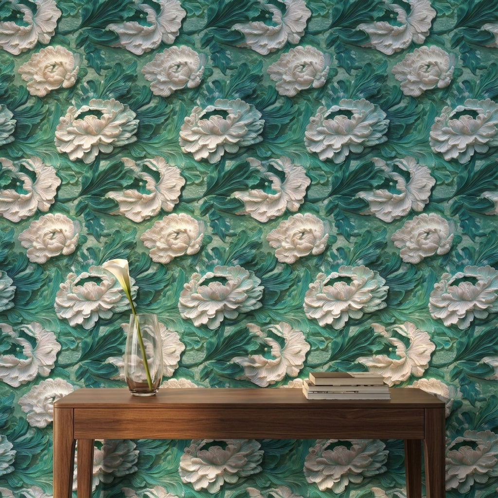 Teal and White Large Floral Wallpaper