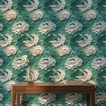 Teal and White Large Floral Wallpaper