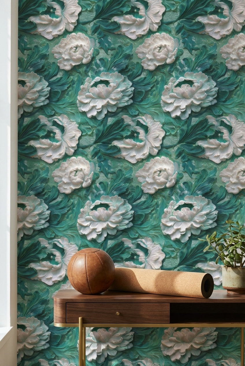 Teal and White Large Floral Wallpaper