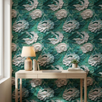 Teal and White Large Floral Wallpaper