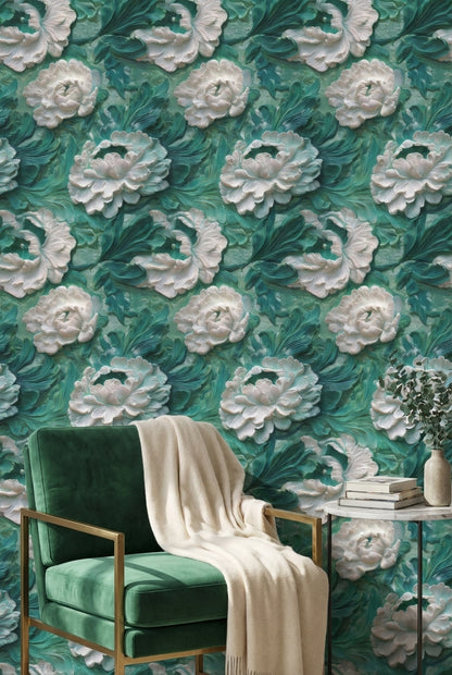 Teal and White Large Floral Wallpaper