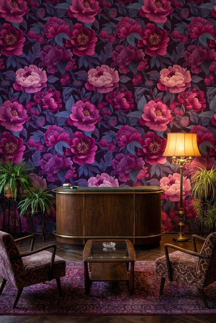 Deep Purple and Pink Peony Floral Wallpaper