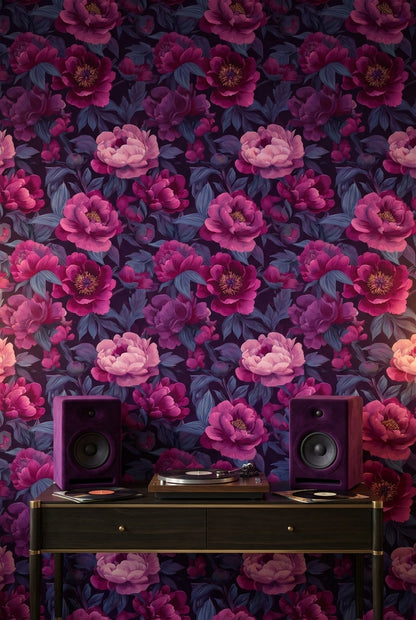 Deep Purple and Pink Peony Floral Wallpaper