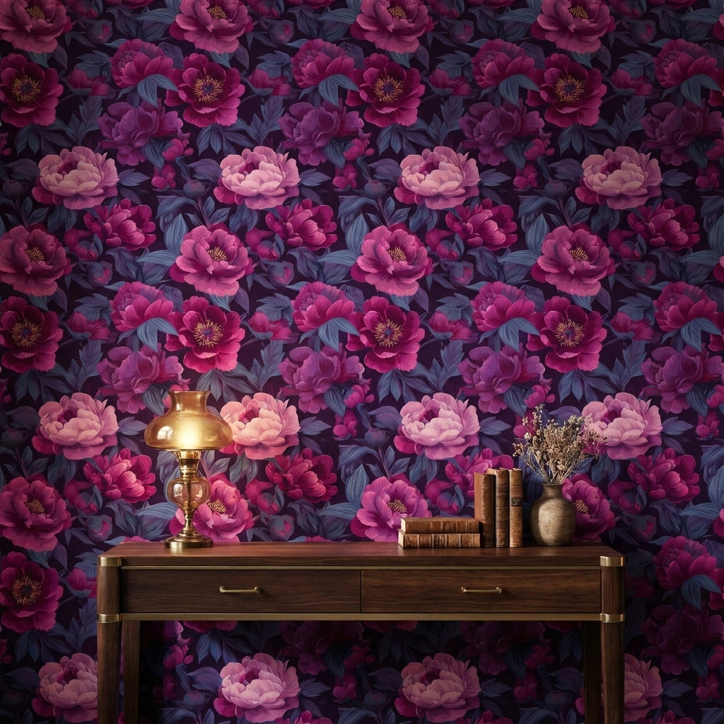 Deep Purple and Pink Peony Floral Wallpaper