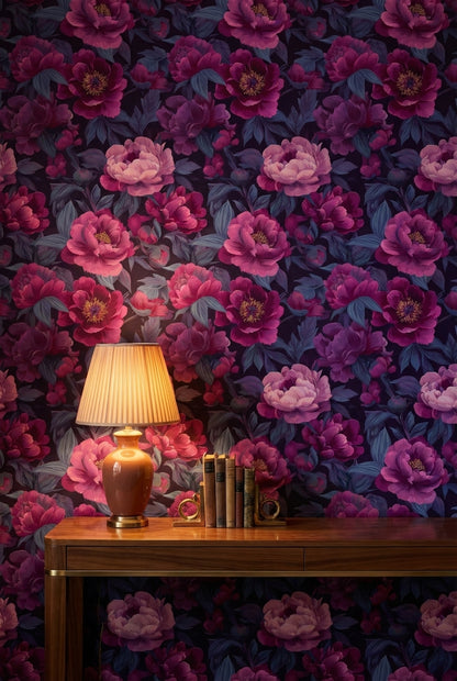 Deep Purple and Pink Peony Floral Wallpaper