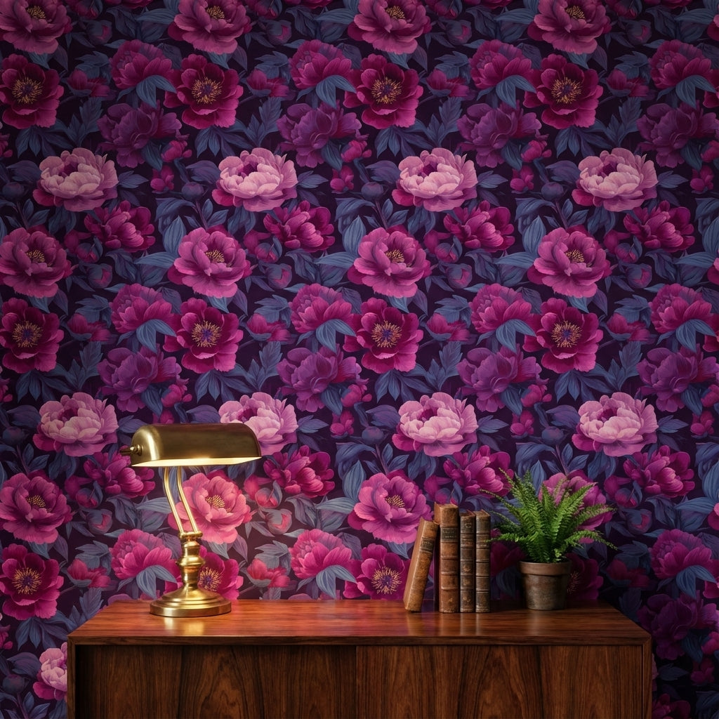 Deep Purple and Pink Peony Floral Wallpaper