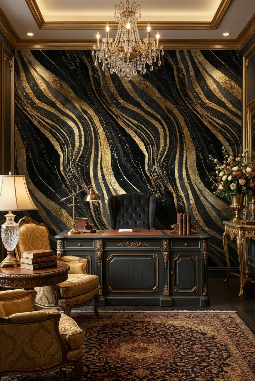 Golden Look Waves on Deep Black Abstract Wallpaper