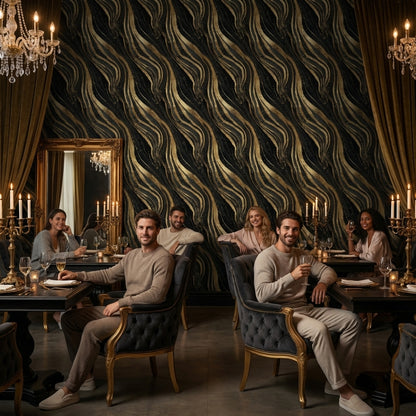 Golden Look Waves on Deep Black Abstract Wallpaper